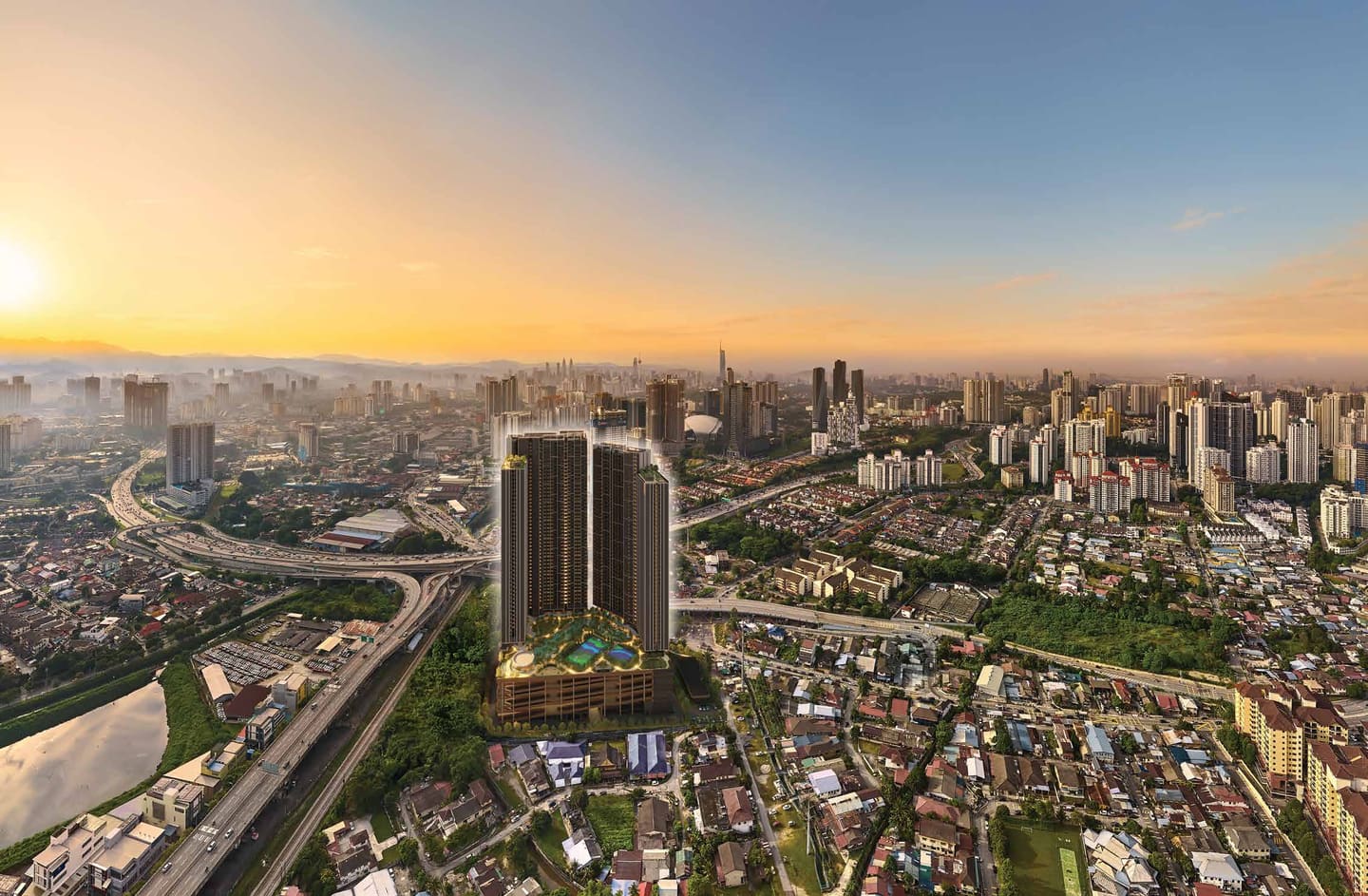 Pemandangan udara Segambut pada waktu pagi, dengan latar langit Kuala Lumpur di kejauhan; dua menara di hadapan ialah gambaran artis Ophira Resort Residences