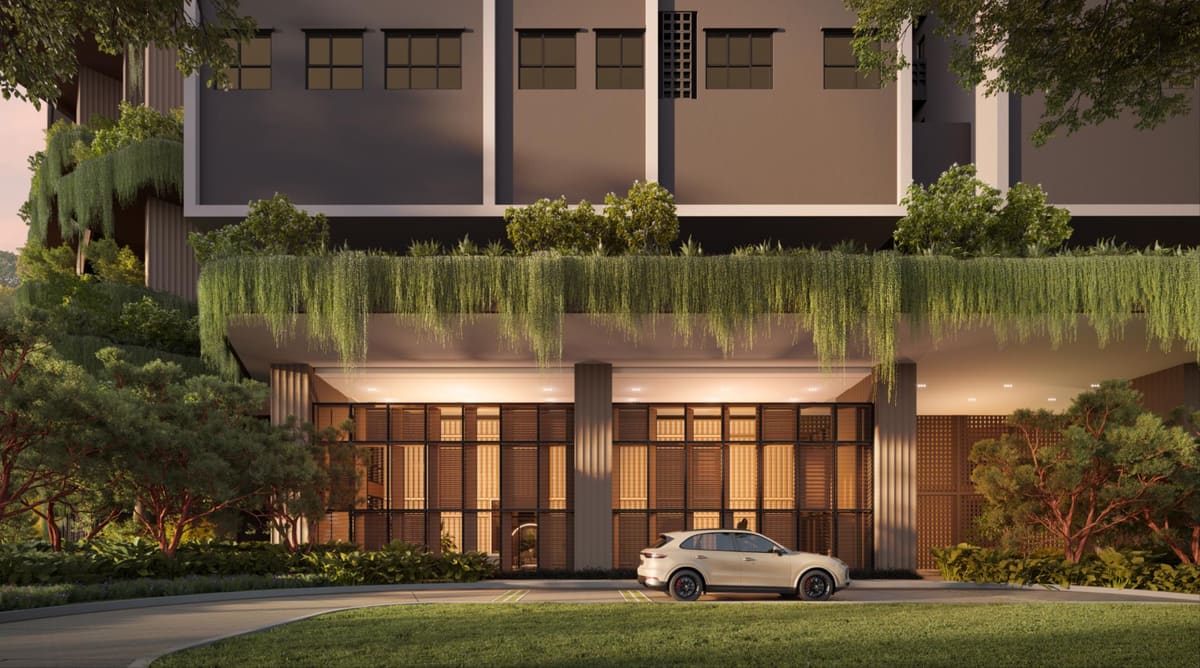 The lobby drop-off: the driveway under a canopy, with full-height glass (artist’s impression)