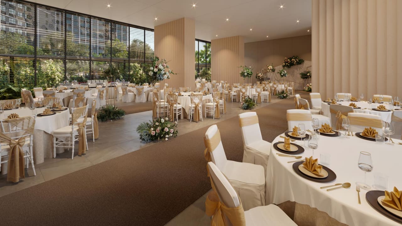 The function hall set with round tables (artist’s impression)