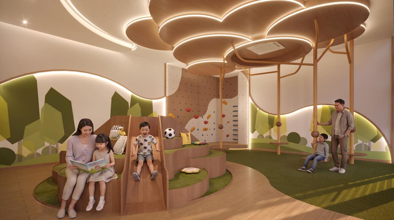 The climbing wall and reading corner of the kids’ discovery games room (artist’s impression)