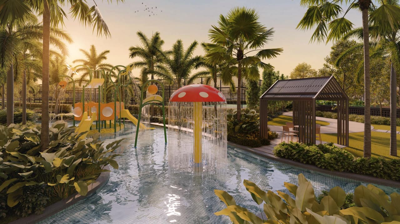 The kids’ pool with its mushroom fountain and shallow water (artist’s impression)