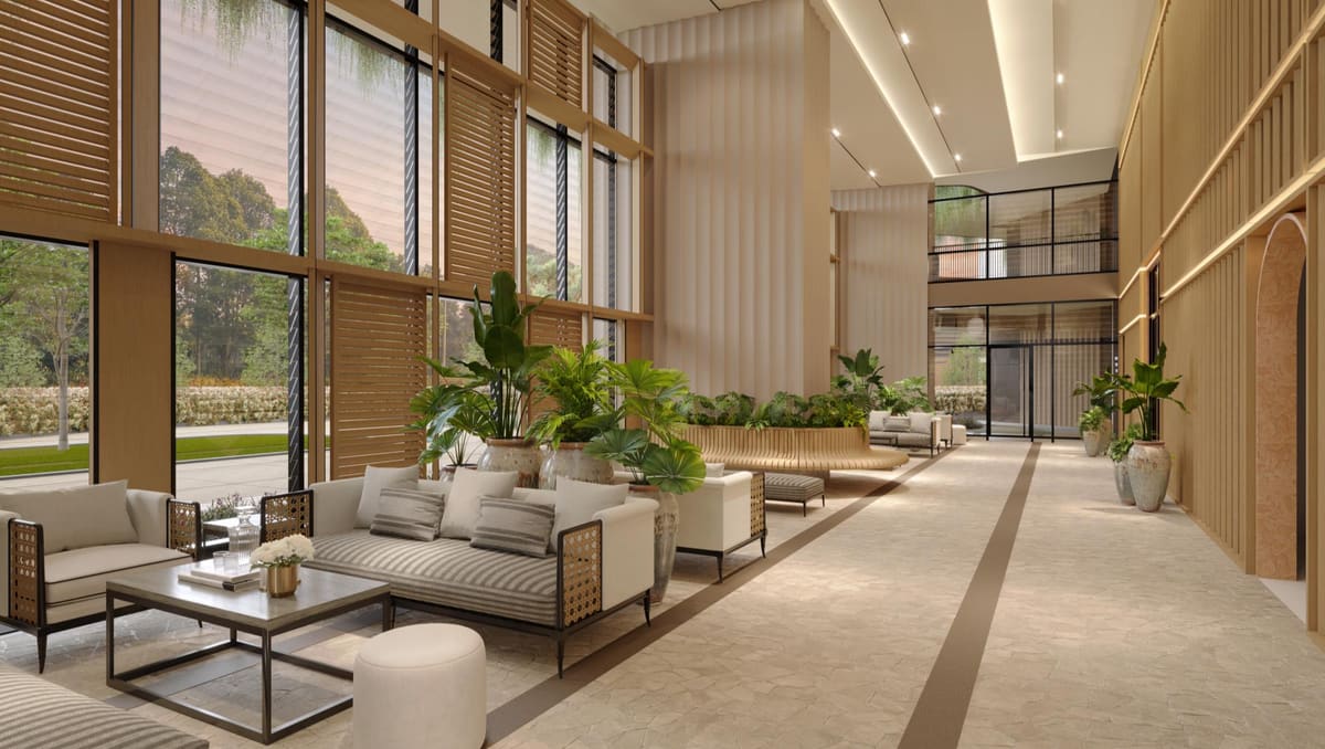 The lobby: timber screens, full-height glass and sofas (artist’s impression)