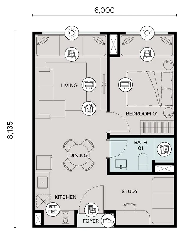Ophira Type A floor plan: 525 sq ft, 1 bedroom + study · 1 bathroom