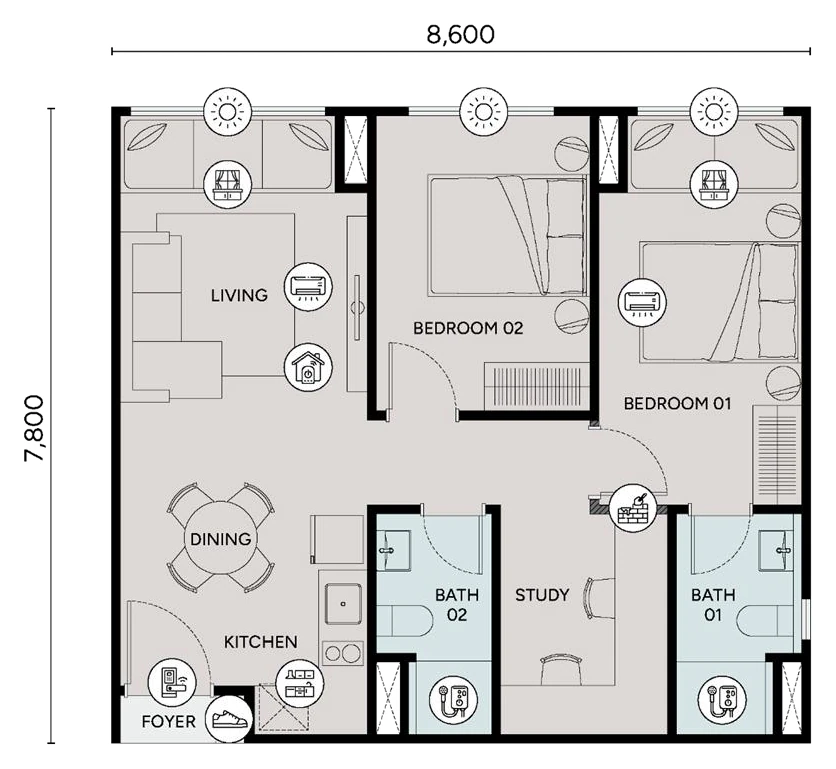 Ophira Type B1 floor plan: 722 sq ft, 2 bedrooms + study · 2 bathrooms
