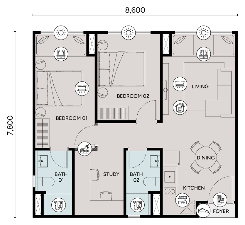 Ophira Type B2 floor plan: 722 sq ft, 2 bedrooms + study · 2 bathrooms