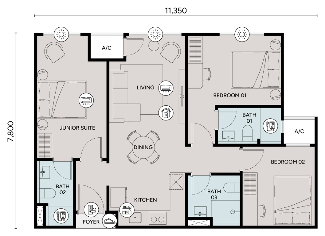 Ophira Type C1 floor plan: 902 sq ft, 3 bedrooms · 3 bathrooms · dual key
