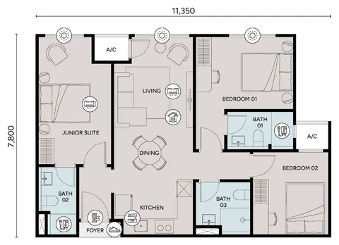 Pelan lantai Jenis C1, 902 kaki persegi, 3 bilik tidur · 3 bilik air · dual key