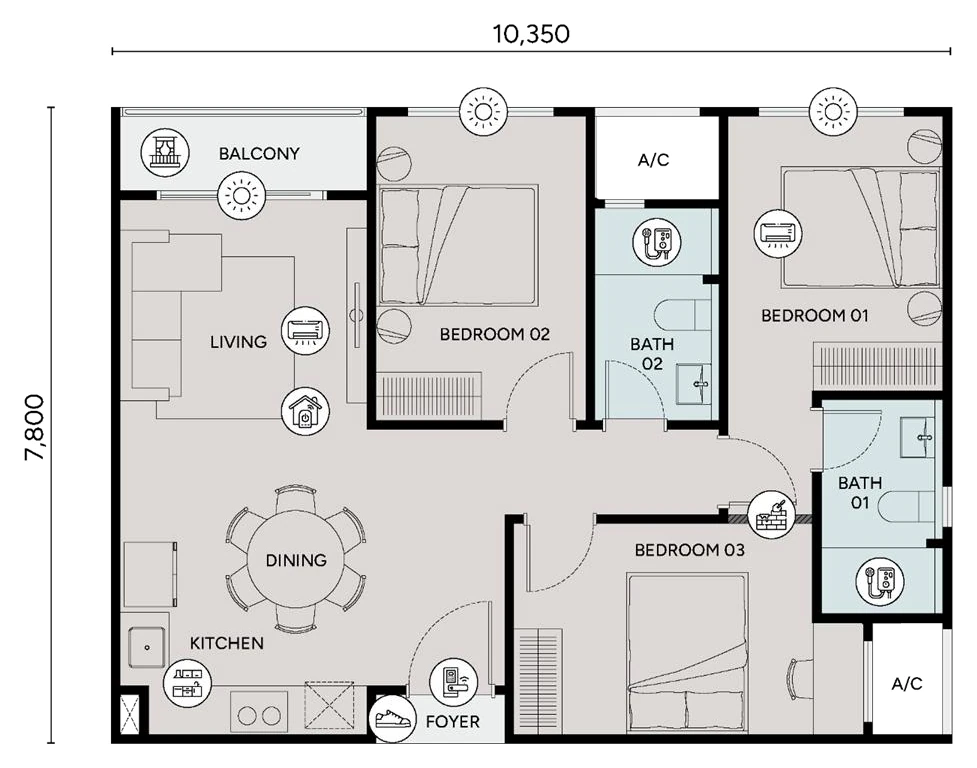 Ophira Type C2 floor plan: 869 sq ft, 3 bedrooms · 2 bathrooms