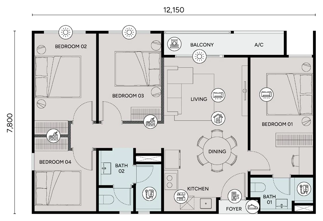 Ophira Type D floor plan: 1,006 sq ft, 4 bedrooms · 2 bathrooms