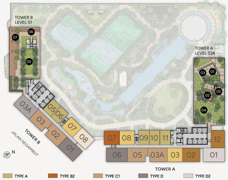 Ophira sky garden plan (developer drawing): Tower A Level 53A and Tower B Level 51, numbered to match the list