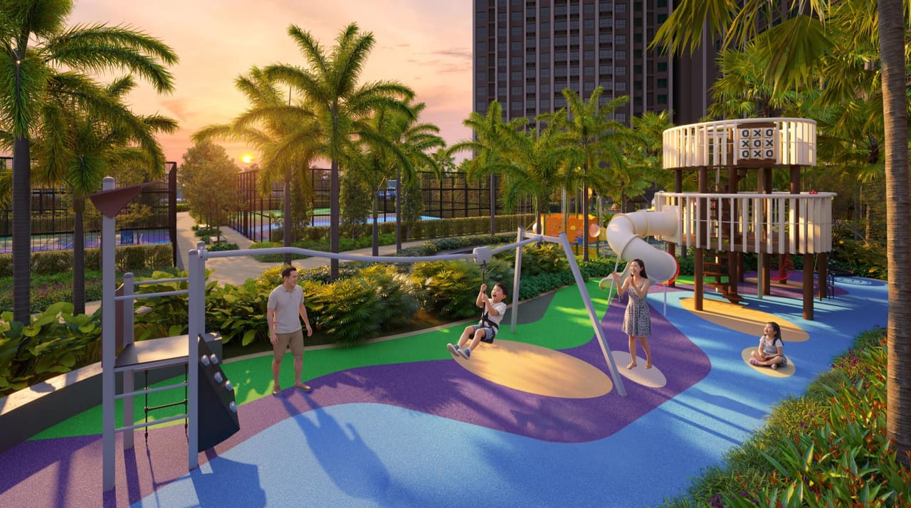 Children on the slides and climbing frames of the adventure playground (artist’s impression)