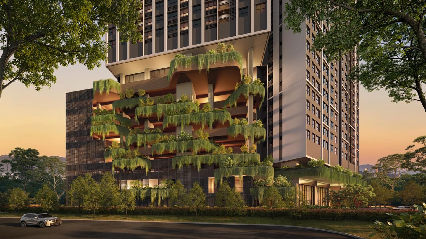Kehijauan berlapis dan jalan masuk podium Ophira Resort Residences pada waktu senja (gambaran artis)