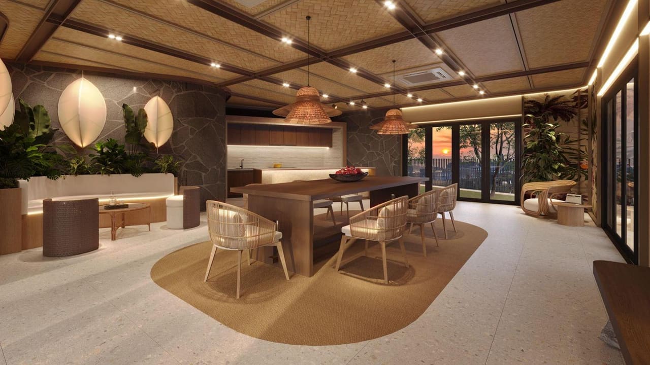 The social lounge: a long table, rattan pendants and full-height windows (artist’s impression)
