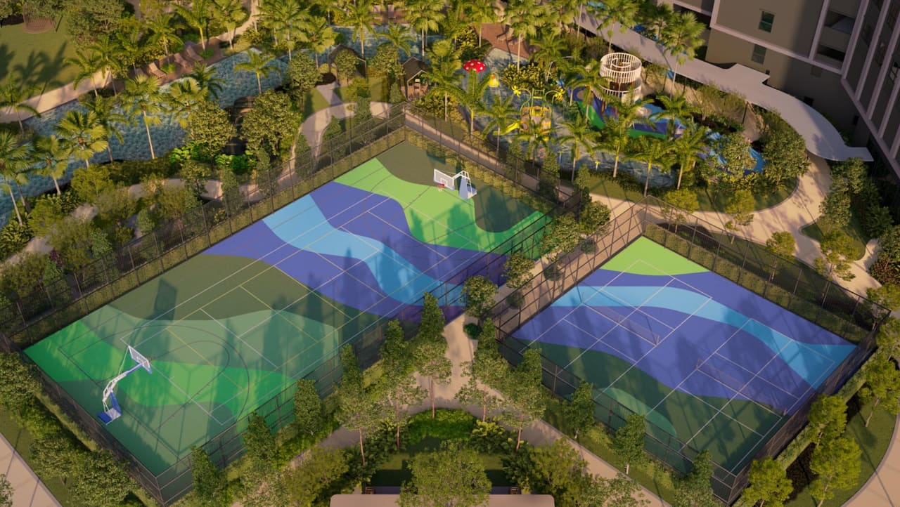 The multi-purpose court and the pickleball courts from above (artist’s impression)