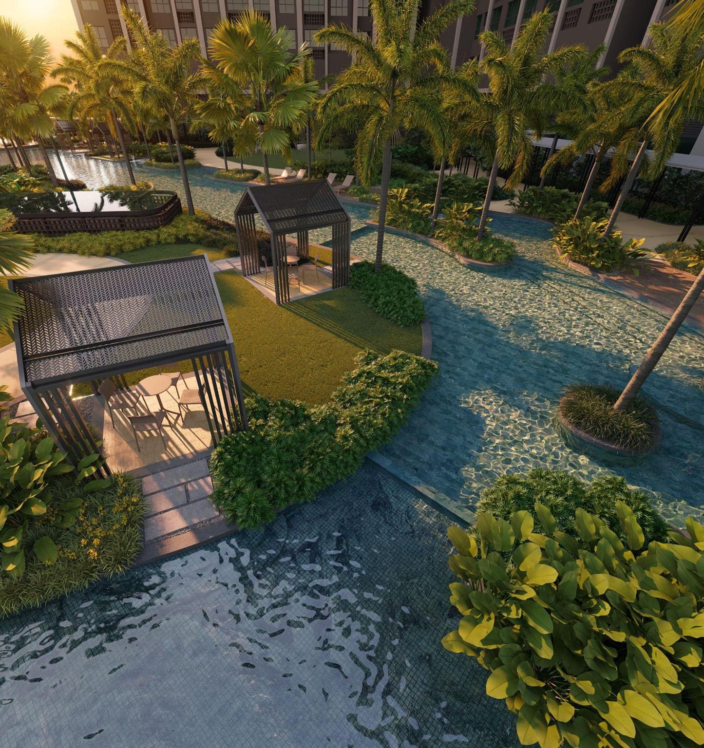 A pavilion over the water, surrounded by palms and water features (artist’s impression)